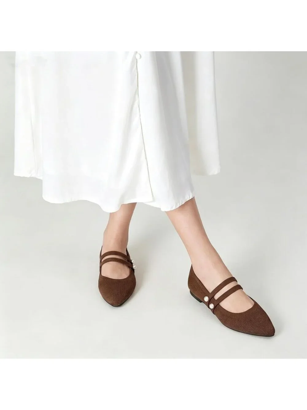 Women's Coffee Rubber Knit Pointed Toe Double Strap Ballet Flat Breathable Shoes